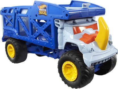 Hot Wheels Monster Trucks Monster Mover Rhino, Toy Car Hauler, comporta 12 Monster Trucks em escala 1:64 ou 32 Hot Wheels, com lançamento de rampa, presente para crianças de 3 anos ou mais, HFB13
