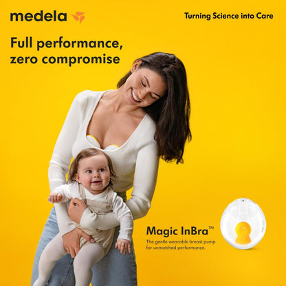 Bomba tira-leite portátil Medela Magic InBra, com tecnologia Fluidfeel, conectividade com aplicativo inteligente e controle avançado por sensores. Ultraleve, silenciosa e de nível hospitalar.