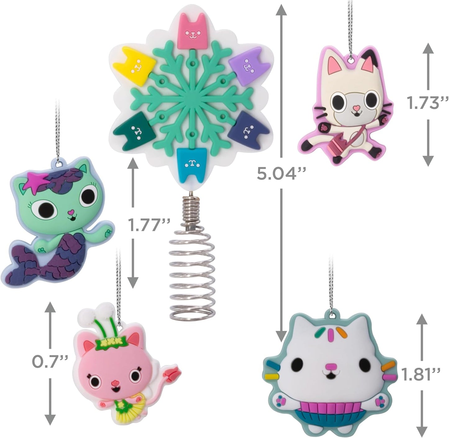 Hallmark Conjunto de 5 miniaturas de enfeites de Natal para árvore de Natal da Gabby's Dollhouse, 12,7 cm (5 polegadas), inquebráveis.