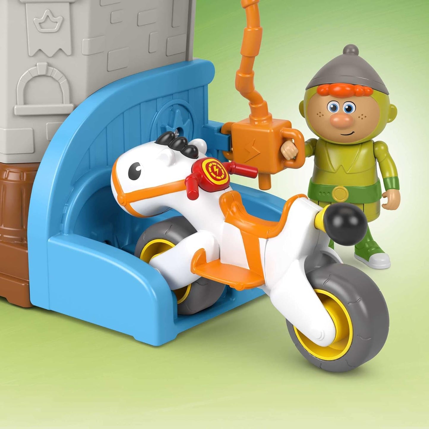 Fisher-Price Gus, o Cavaleiro Pequenino, Castelo do Reino com 3 personagens e um pônei como veículo para brincadeiras de faz de conta para crianças em idade pré-escolar a partir de 3 anos.