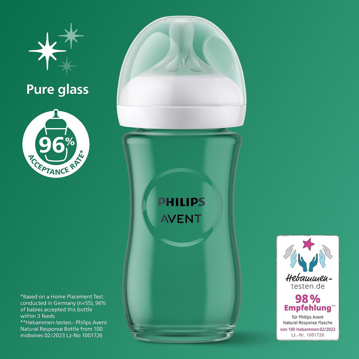 Philips Mamadeiras de vidro Avent Natural Response, 240 ml, com bicos de fluxo médio (fluxo 3), pacote com 2 unidades, SCY933/02