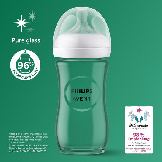 Philips Mamadeiras de vidro Avent Natural Response, 240 ml, com bicos de fluxo médio (fluxo 3), pacote com 2 unidades, SCY933/02
