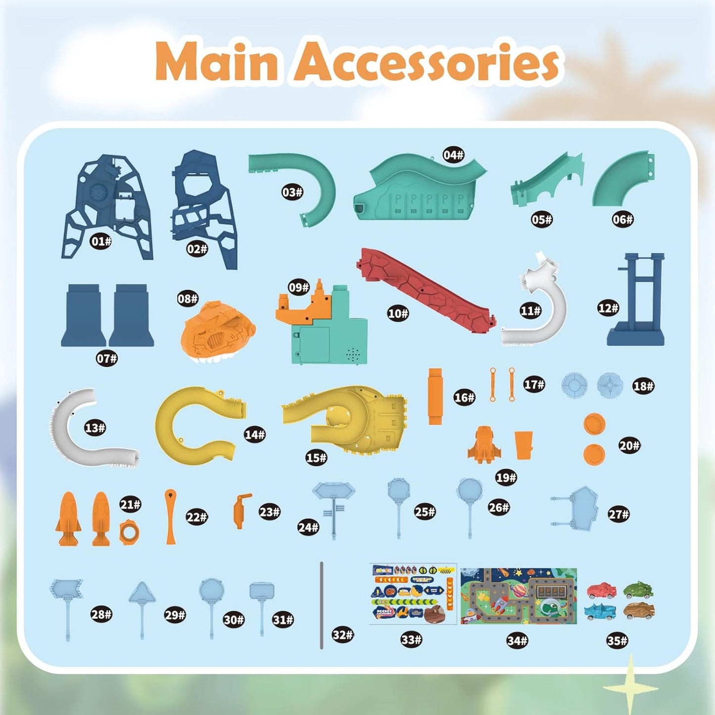 RedCrab Conjunto de Brinquedo Infantil com Carrinhos Espaciais, Rampa, Pista Sinuosa, Colina dos Dinossauros, Luzes e Música, 4 Mini Carros e Mapa para Meninos e Meninas a partir de 3 Anos