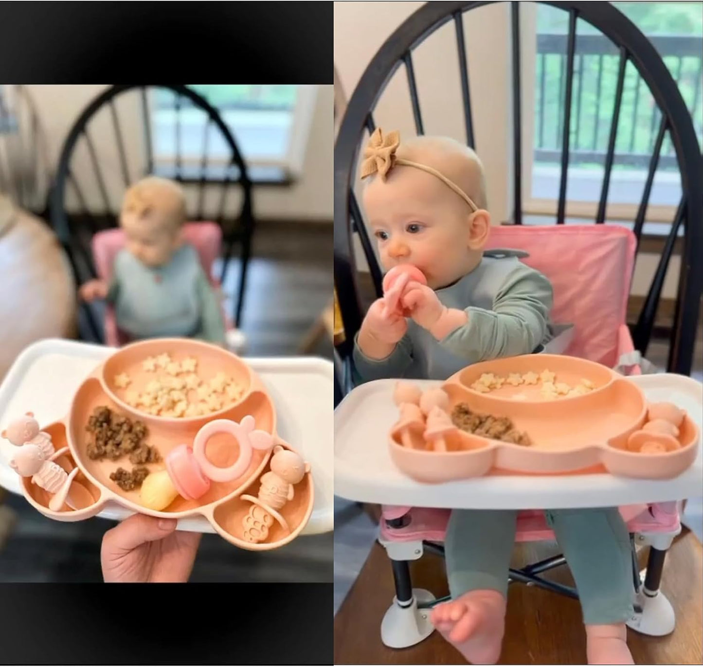 PandaEar Conjunto de prato, colher e garfo de silicone com ventosa, ideal para alimentação independente de crianças pequenas, livre de BPA, próprio para lava-louças e micro-ondas, formato de urso (rosa)