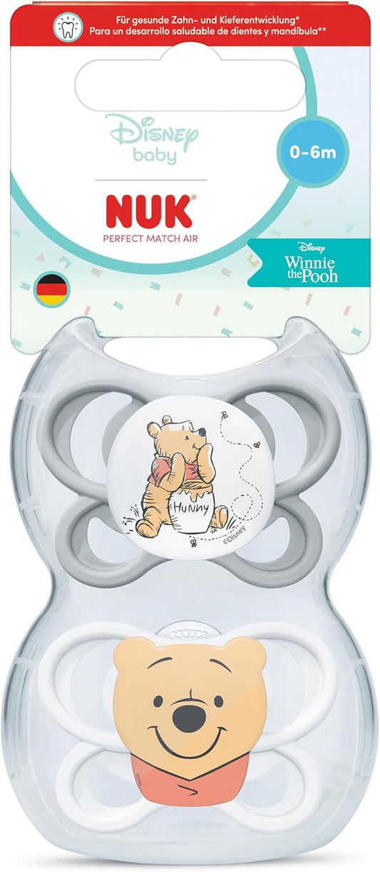 NUK Chupetas Perfect Match Air | 0-6 Meses | Chupetas ortodônticas que favorecem a circulação de ar e previnem irritações causadas pela saliva | 95% de aceitação pelos bebês** | Ursinho Pooh | Embalagem com 2 unidades