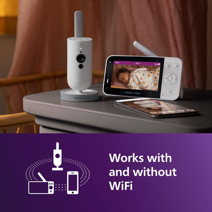 Philips Avent Monitor de bebê conectado com Wi-Fi, câmera HD, visão noturna infravermelha, detecção de choro, áudio bidirecional, 12 horas de tela no modo econômico, modelo SCD951/26