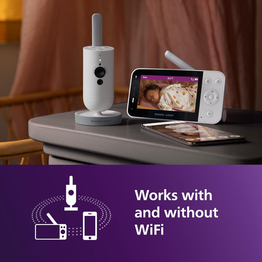 Philips Avent Monitor de bebê conectado com Wi-Fi, câmera HD, visão noturna infravermelha, detecção de choro, áudio bidirecional, 12 horas de tela no modo econômico, modelo SCD951/26
