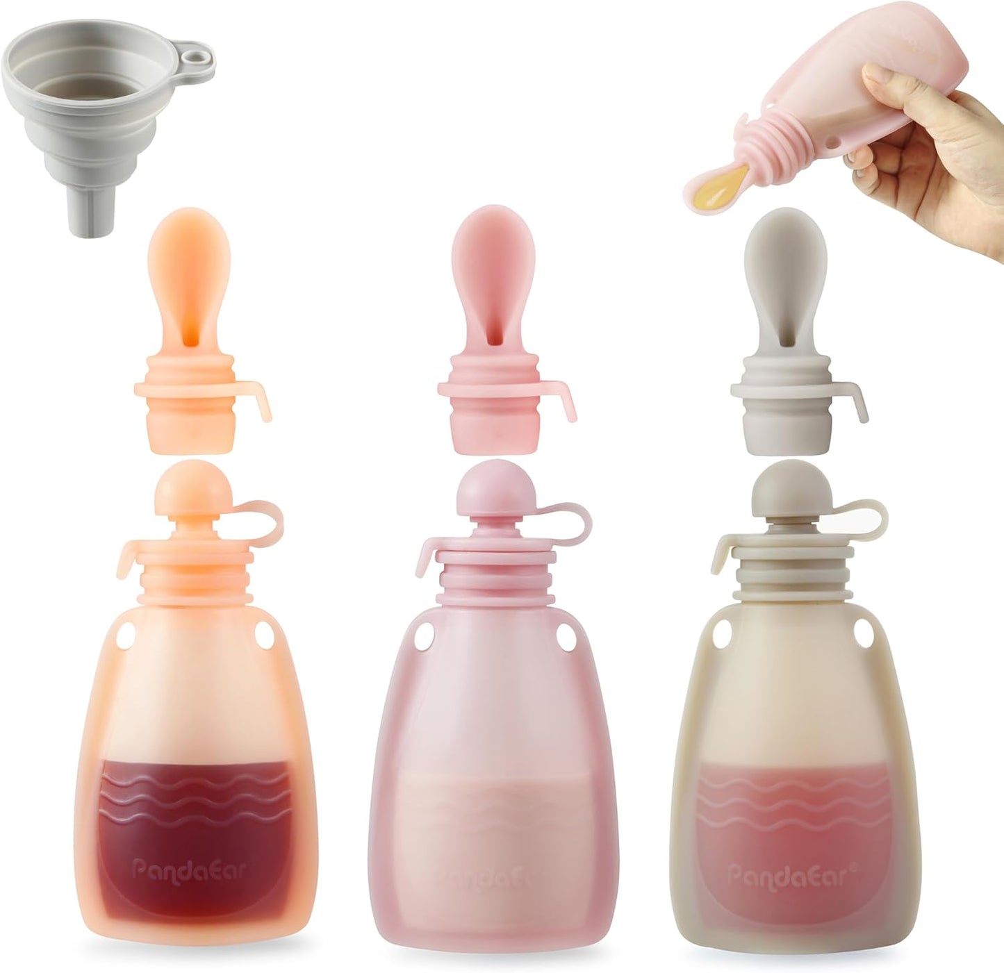 PandaEar Conjunto de 3 saquinhos de silicone reutilizáveis para papinha de bebê , com 3 colheres dosadoras de silicone para purê, livres de BPA, para armazenamento de alimentos para bebês, 156g (rosa escuro/rosa claro/linho)
