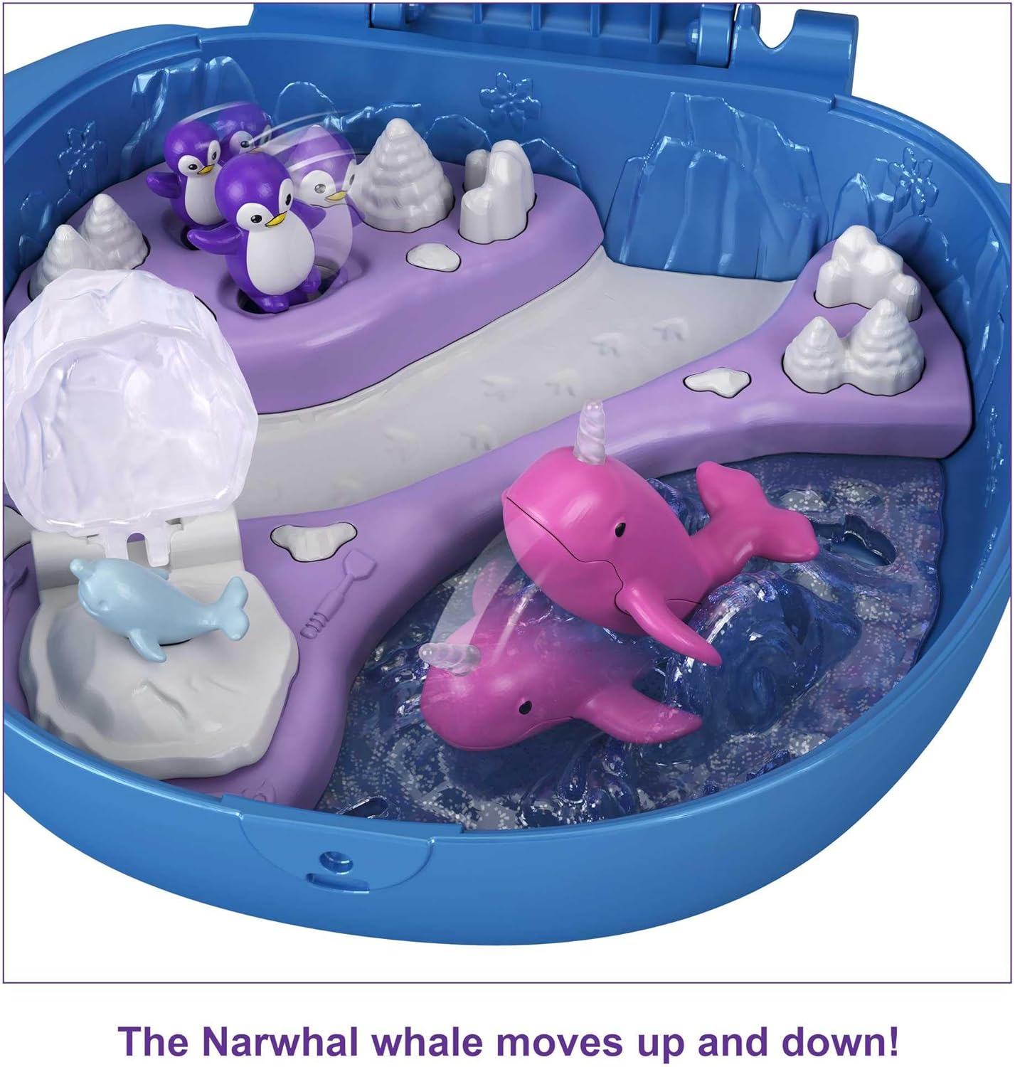 Polly Pocket Freezin' Fun Narwhal Compact com revelações divertidas, bonecas Micro Polly e Lila, cachorro Husky e trenó, figura de urso polar e folha de adesivos; Para maiores de 4 anos, GKJ52
