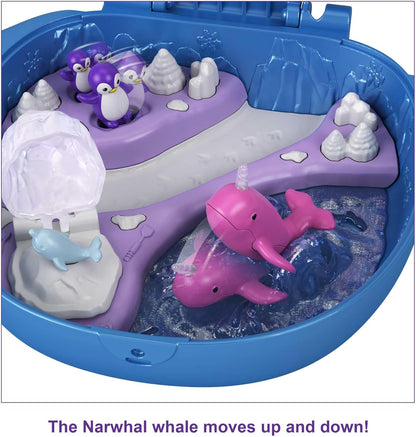 Polly Pocket Freezin' Fun Narwhal Compact com revelações divertidas, bonecas Micro Polly e Lila, cachorro Husky e trenó, figura de urso polar e folha de adesivos; Para maiores de 4 anos, GKJ52