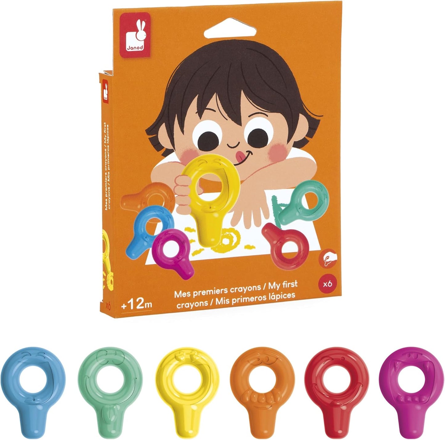 Janod - Conjunto de 3 tesouras com 3 formatos de corte - Pontas arredondadas e seguras - Lâminas de plástico - Ideal, Janod - Meus primeiros lápis de cera - 6 lápis de cera para bebês a partir de 12 meses - Adequado