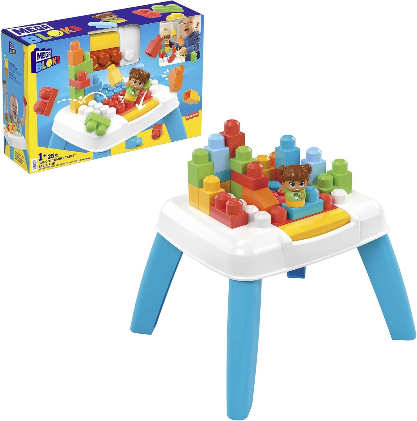 MEGA Conjunto de construção de mesa Bloks Build 'N Tumble com 2 recursos de queda, 23 blocos de construção grandes e 1 figura de amigos de bloco, conjunto de presente de brinquedo para idades de 1 e acima e conjunto