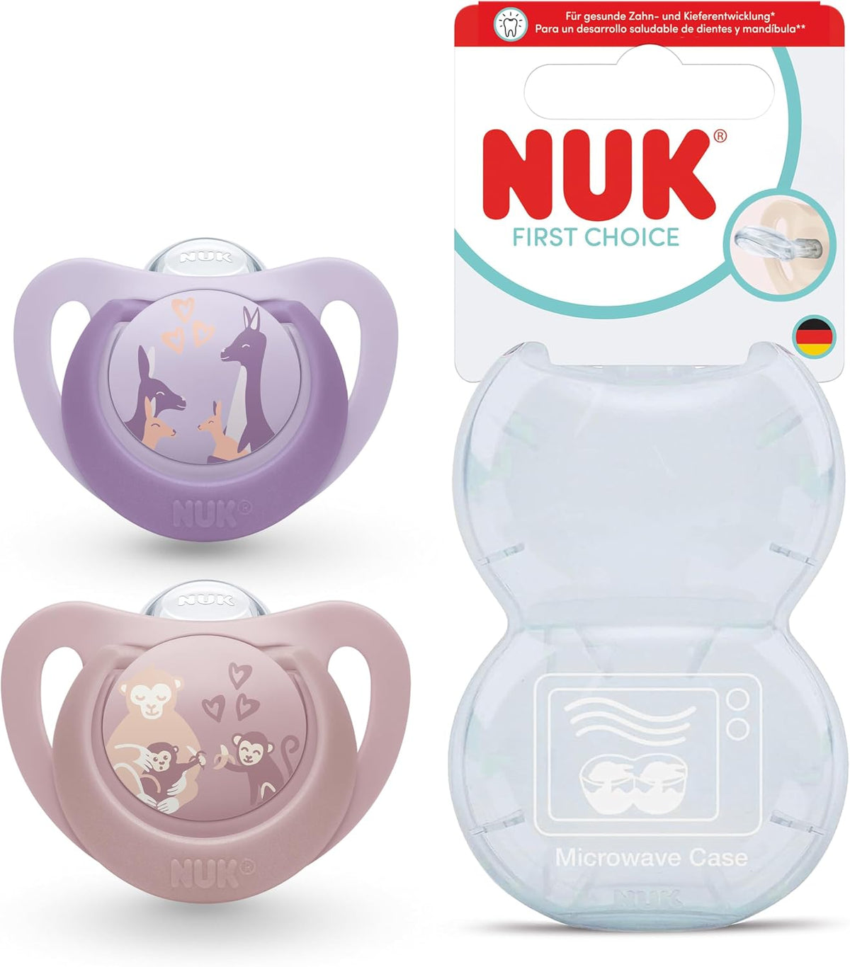 NUK Chupetas First Choice | 6-18 Meses | Chupetas Ortodônticas | Acalmam 99% dos Bebês** | Macaco e Canguru | 2 Unidades