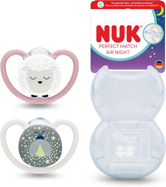 NUK Chupetas Perfect Match Air Night | 0-6 Meses | Brilham no Escuro, Promovem a Circulação de Ar e Previnem Irritações pela Saliva | 95% de Aceitação pelos Bebês** | Ovelha | 2 Unidades