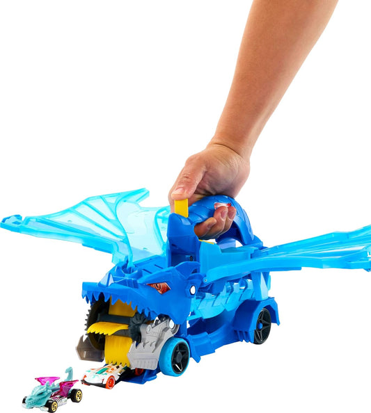Conjunto de Pista de Carrinhos Hot Wheels City, Transportador Duplo de Dragões Supremo e 2 Carrinhos de Metal Fundido, Dragão em Grande Escala e Dragão Removível, Armazena Mais de 20 Veículos, JKJ79