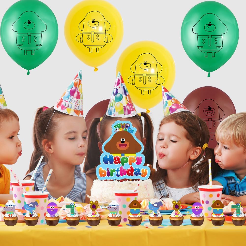Hey Duggee Kit de balão de festa, 32 peças de materiais de festa Hey Duggee, decorações de aniversário temáticas Hey Duggee, inclui banner de feliz aniversário, chapéus de coco de bolo, balão, para festa de aniversário de meninos e meninas
