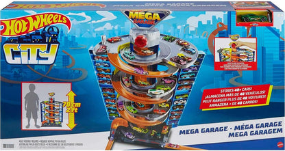 Hot Wheels City Mega Garage Playset com elevador saca-rolhas e armazenamento para mais de 60 carros, inclui 1 veículo Hot Wheels escala 1:64, presente para crianças de 4 anos ou mais, HFH03