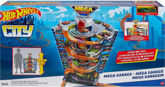 Hot Wheels City Mega Garage Playset con elevador de sacacorchos y almacenamiento para más de 60 autos, incluye 1 vehículo Hot Wheels a escala 1:64, regalo para niños a partir de 4 años, HFH03