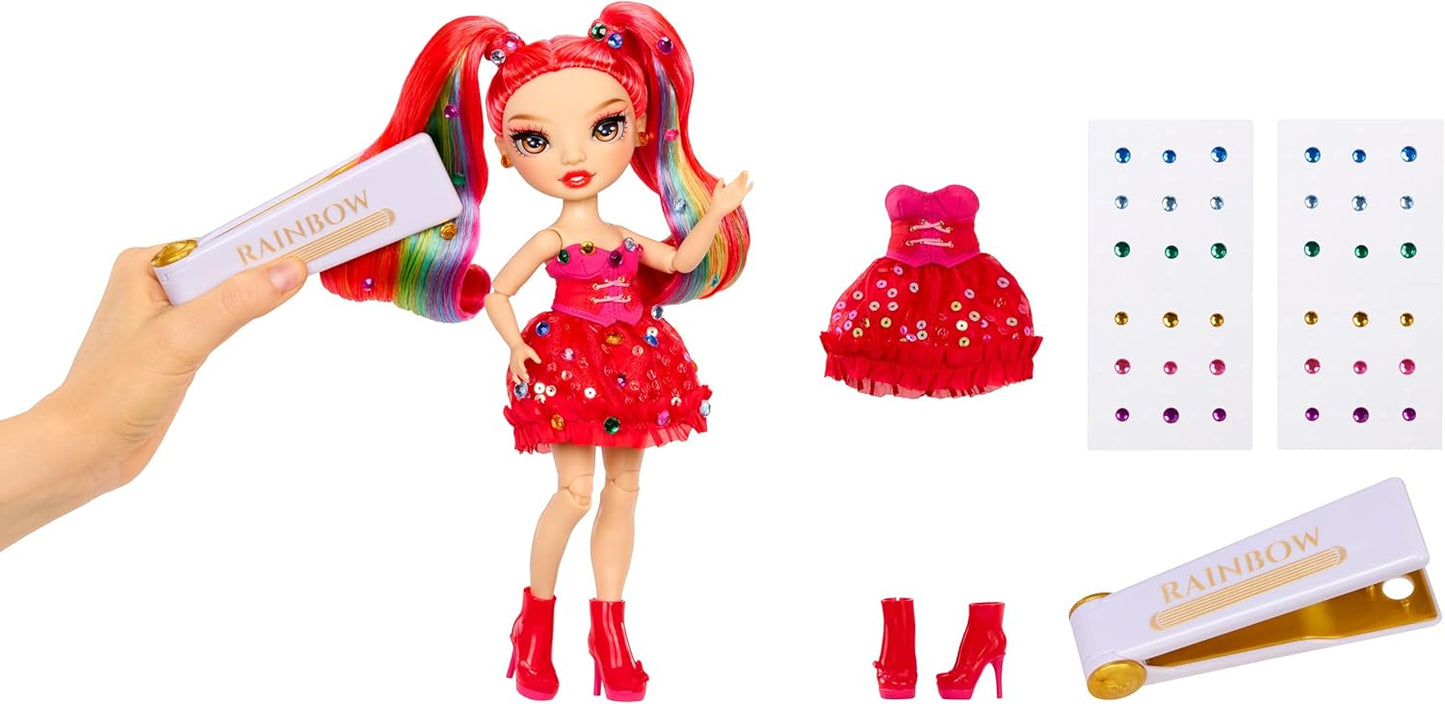 Rainbow High Be Dazzling - Vivienne Rouge - Boneca Fashion Vermelha de 28cm com Ferramenta para Aplicar Glitter, Pedras Brilhantes e Acessórios de Estilo