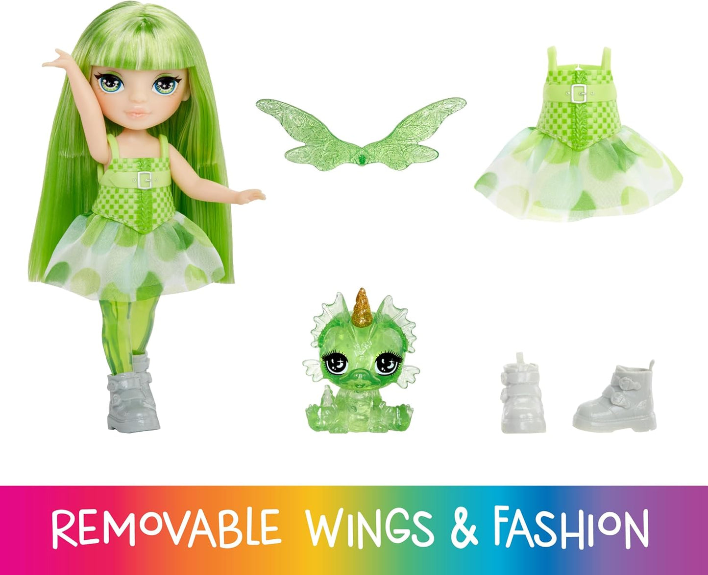 Rainbow High Littles Fadas Fantasia Arco-Íris e Bichinho de Estimação - Esmeralda, Verde - Boneca pequena articulada de 14 cm e dragão de estimação com asas de fada intercambiáveis, presente fofo para crianças a partir de 4 anos