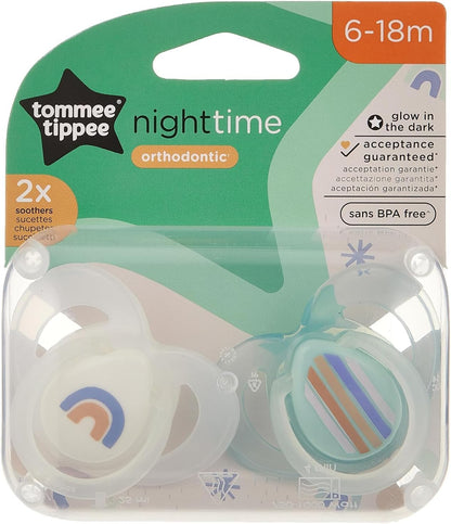 Tommee Tippee Night Time Glow in the Dark Dummies, design ortodôntico simétrico, silicone sem BPA, 6 a 18 meses, pacote de 2 manequins, sortidos