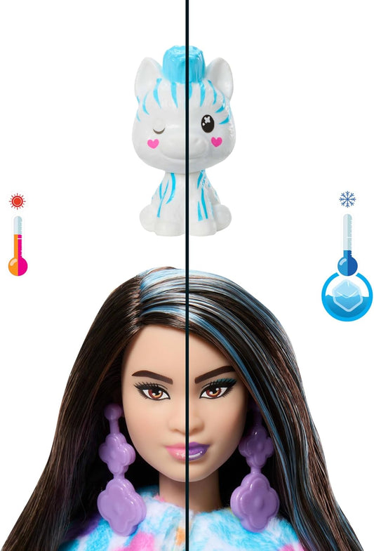 Muñeca Barbie Cutie Reveal y accesorios con disfraz de felpa de cebra arcoíris y 10 sorpresas que incluyen cambio de color, serie Color Dream, HRK39