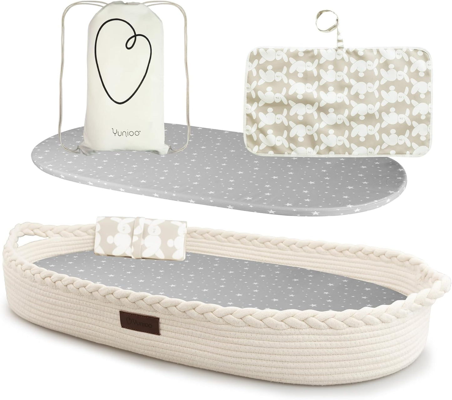 Yunioo Cesta de troca de bebê de luxo com trocador extra de viagem, trocador portátil premium com capa ultramacia, cesta de bebê de corda de algodão, trocador para cômoda