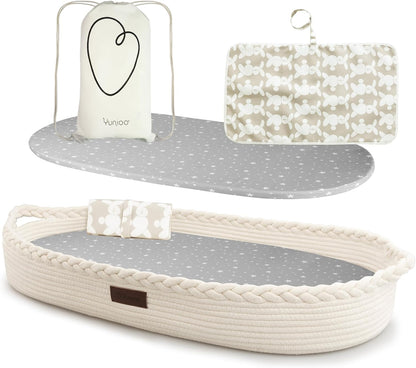 Yunioo Cesta de troca de bebê de luxo com trocador extra de viagem, trocador portátil premium com capa ultramacia, cesta de bebê de corda de algodão, trocador para cômoda
