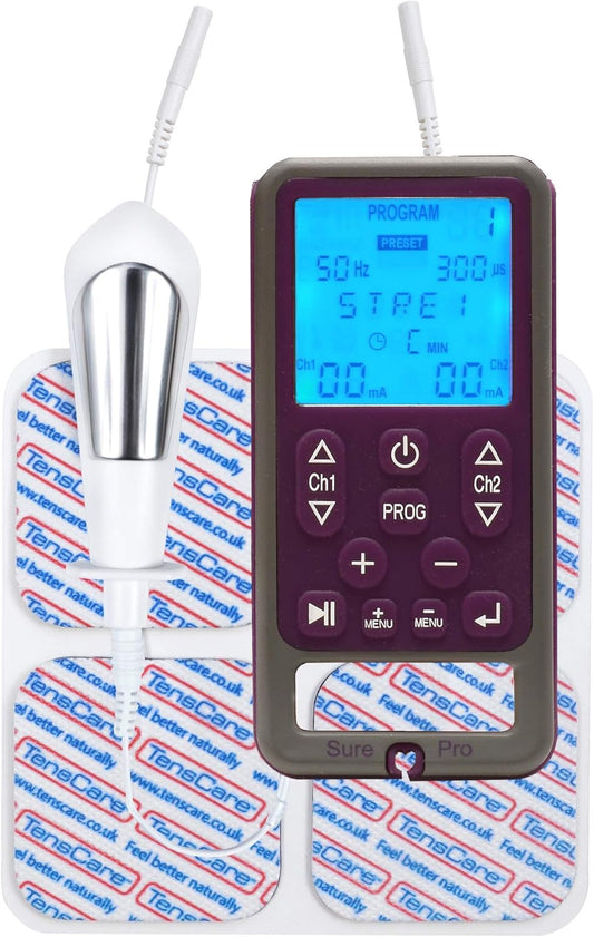 TensCare Sure Pro: ejercitador del suelo pélvico para ayudar con la incontinencia urinaria y fecal mediante sonda o electrodos. Programa de alivio del dolor TENS para el tratamiento del dolor pélvico crónico