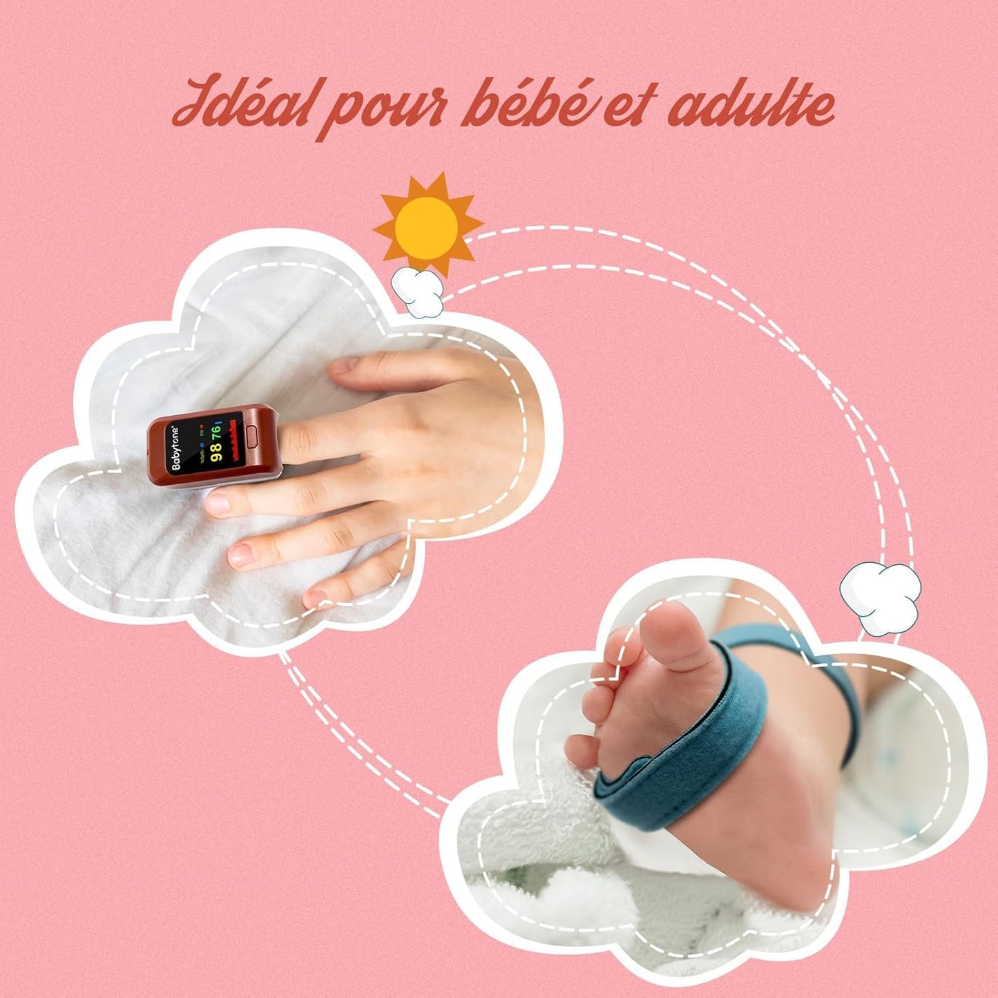 Monitor de oxigênio para bebês, oxímetro de pulso infantil com ponta do dedo que monitora SPO2 e frequência de pulso de adultos e crianças, monitor de O2 para os pés de crianças com lembrete de áudio, aplicativo gratuito e relatório para PC