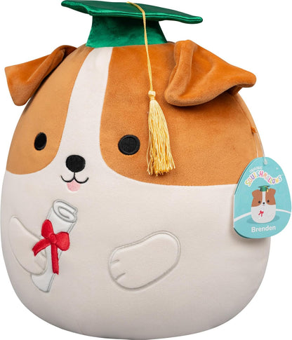 Squishmallows Original de 12 Polegadas – Brenden, o Jack Russell Terrier com Chapéu de Formatura – Pelúcia Oficial Jazwares (Tamanho Médio)