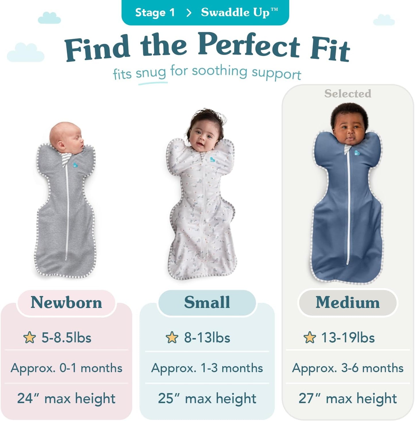 Love To Dream™ Swaddle UP™, Médio 6-8,5 kg - Mini Nuvem Branca | Ajuste perfeito, promove uma rotina de sono saudável | 1,5 Tog Ideal para uso durante todo o ano (18–22°C) | Algodão lavável à máquina e zíper duplo