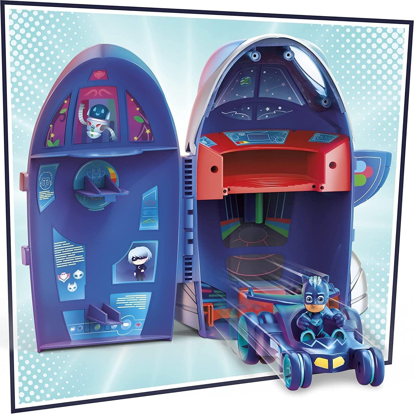 PJ Masks Brinquedo  2 em 1: Quartel-General e Foguete – Conjunto Pré-Escolar com Boneco de Ação e Veículo para Crianças a Partir de 3 Anos