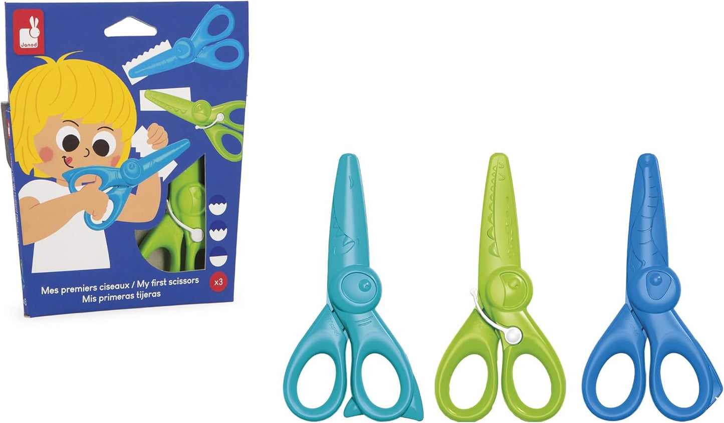 Janod - Conjunto de 3 tesouras com 3 formatos de corte - Pontas arredondadas e seguras - Lâminas de plástico - Ideal, Janod - Meus primeiros lápis de cera - 6 lápis de cera para bebês a partir de 12 meses - Adequado