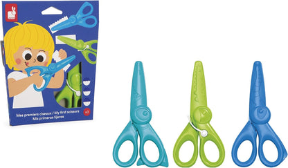 Janod - Conjunto de 3 tesouras com 3 formatos de corte - Pontas arredondadas e seguras - Lâminas de plástico - Ideal, Janod - Meus primeiros lápis de cera - 6 lápis de cera para bebês a partir de 12 meses - Adequado