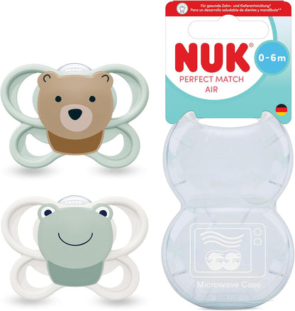 NUK Chupetas Perfect Match Air | 0-6 Meses | Chupetas Ortodônticas que Promovem a Circulação de Ar e Previnem Irritações Causadas pela Saliva | 95% de Aceitação pelos Bebês** | Urso e Sapo