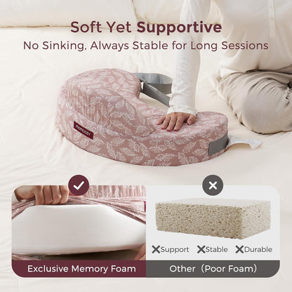 Momcozy Almofada de amamentação em espuma viscoelástica, ergonômica, com proteção lateral, amplo suporte, alça ajustável e capa de algodão removível, rosa.
