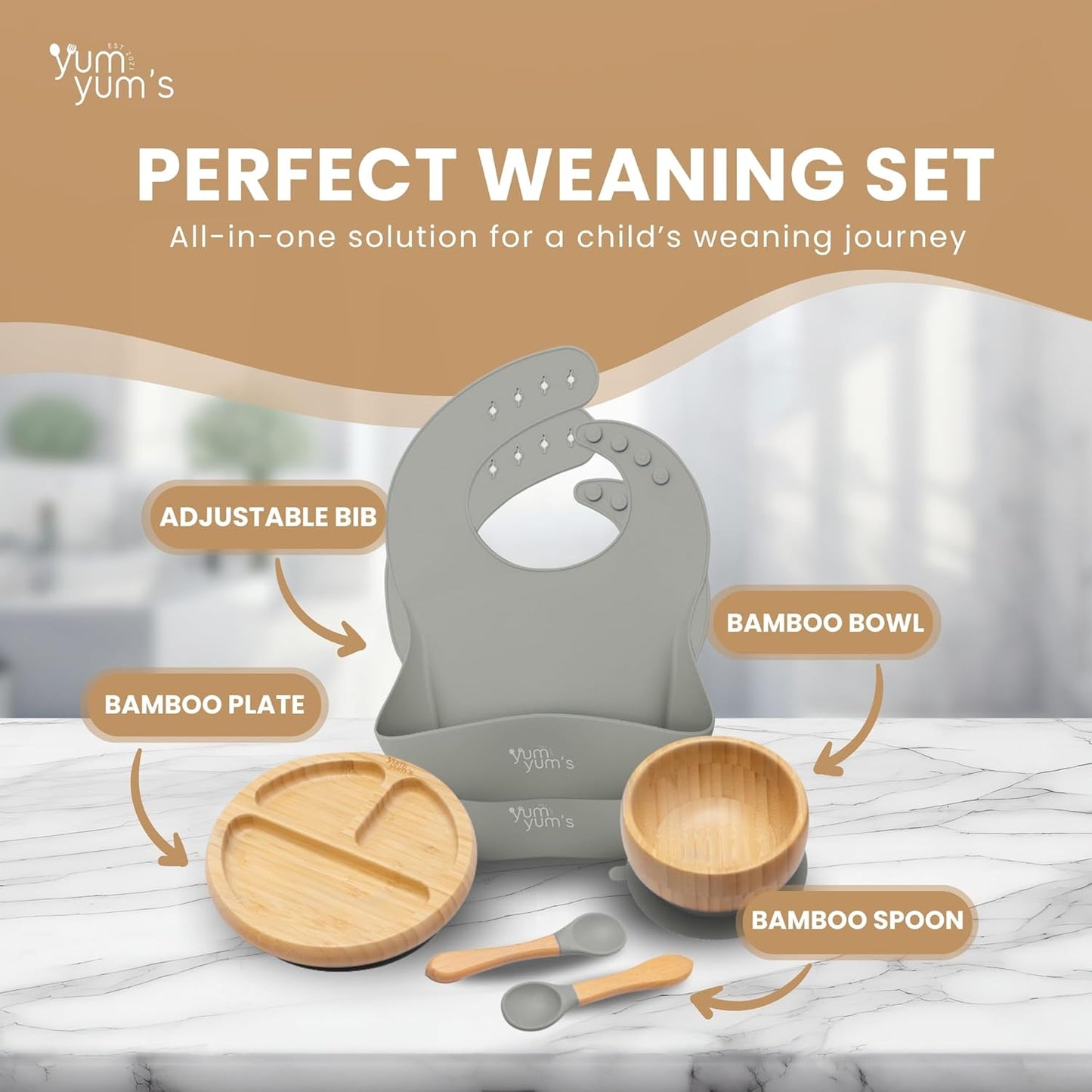 Yum Yum Conjunto com 6 peças para alimentação infantil: pratos com ventosa, pratos de bambu, tigela e colheres de madeira | Kit para introdução alimentar, tigela com ventosa, prato, babadores e conjunto de bambu para bebês.