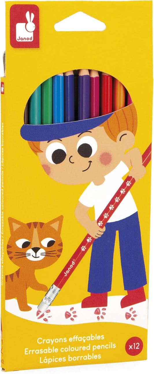 Janod - 12 Lápis de Cor - Colorir e Desenhar - Formato Triangular Ergonômico e Resistente Janod - 12 Lápis de Cor Apagáveis - Lápis de Cor de Resina com Ponta Borracha