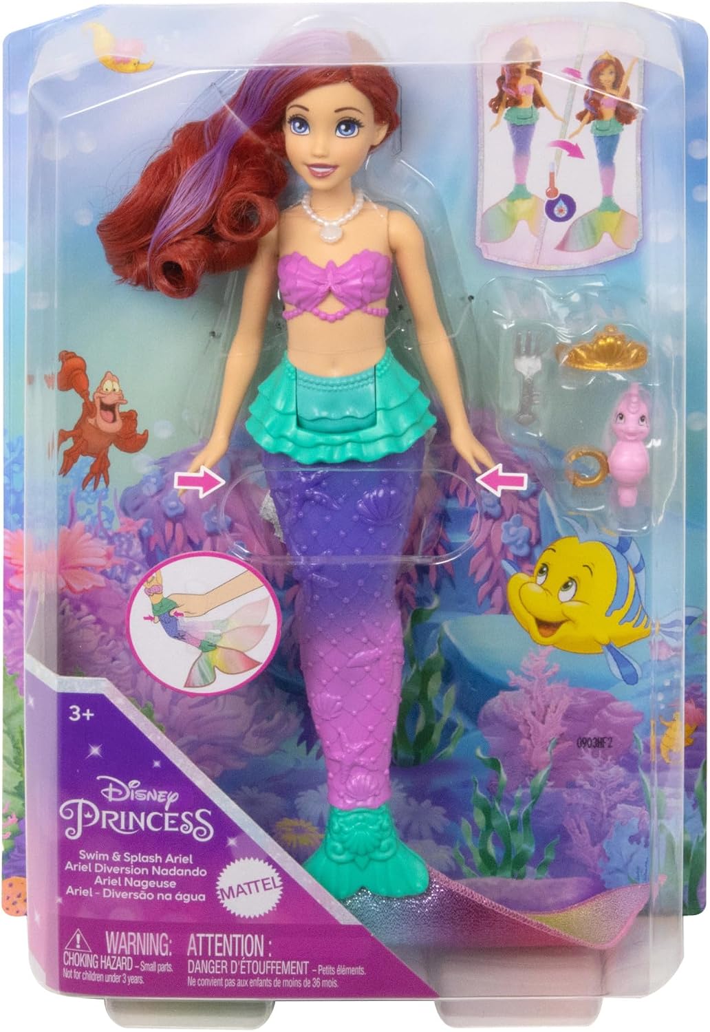 Mattel Boneca Disney Princess Ariel Sereia Nadadora | Boneca articulada com cabelo e cauda que mudam de cor, movimentos de natação e brincadeira com água inspirados no filme "A Pequena Sereia" da Disney, HPD43