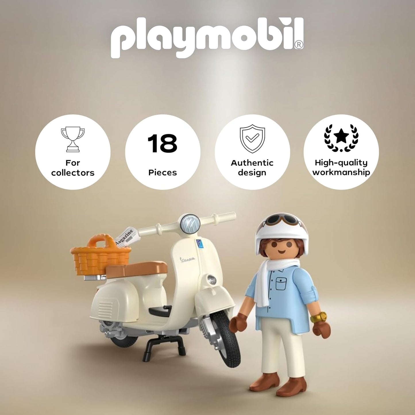 Playmobil | Veículos | 80 Anos de Vespa: Estilo Clássico | Vespa comemorativa na cor creme com condutor, cesta e cartela de adesivos | Para crianças a partir de 5 anos | 72283