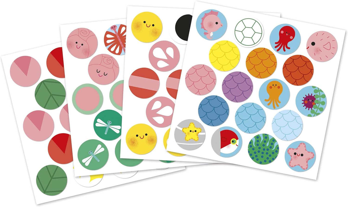 Janod - 72 Adesivos redondos grandes adequados para mãos pequenas - A partir de 2 anos - 4 quadros para preencher lacunas - Adesivos redondos - Kit de lazer criativo infantil - Habilidades motoras finas e concentração - J09159