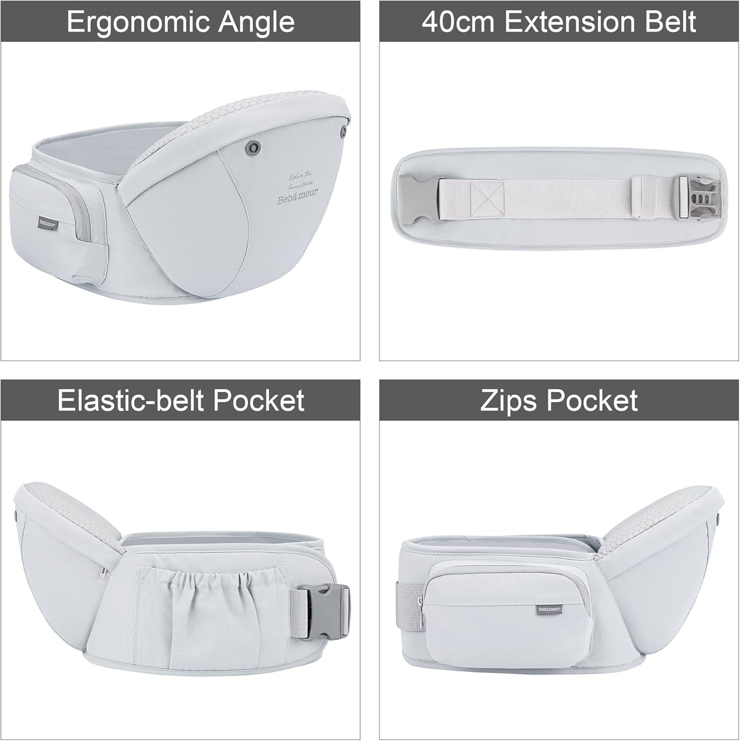 Bebear Canguru para Bebê, do Recém-Nascido à Criança, Bebamour Canguru com Assento de Quadril, Capuz para a Cabeça, 3 Protetores de Mordedor, Extensor de Cintura, Algodão, Cinza