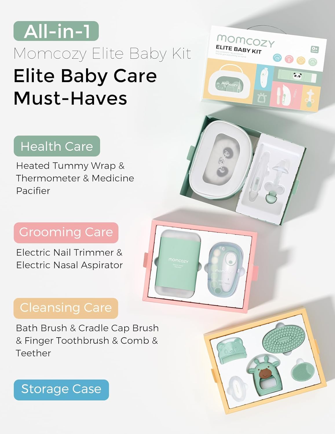 Momcozy Kit Elite para Bebês, conjunto de presente superior para higiene, saúde e limpeza, inclui lixa de unha elétrica e aspirador nasal, faixa térmica para barriga, termômetro, escova de banho, mordedor e chupeta medicinal.