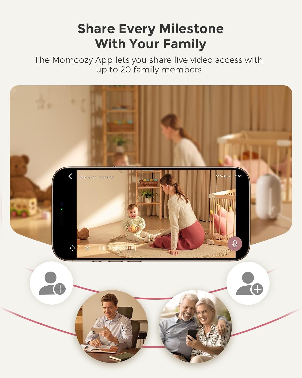 momcozy Babá Eletrônica Inteligente com Wi-Fi – Tela HD 1080p, Alertas de Movimento e Choro, Visão Noturna, Zona Segura e Monitoramento de Temperatura, Comunicação Bidirecional, Acesso ao Aplicativo e à Unidade dos Pais, Pode Ser Montada na Parede