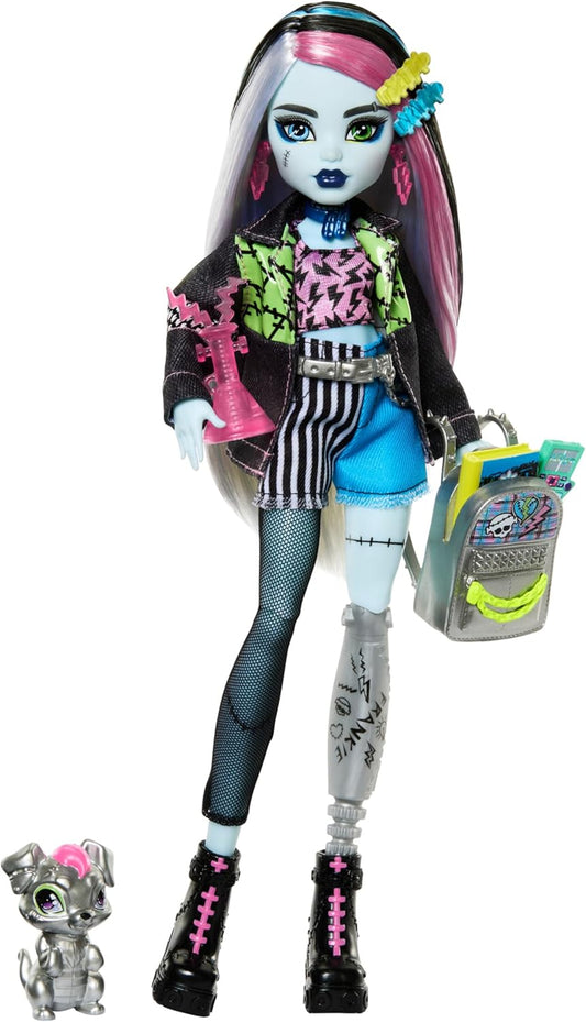 Monster High Boneca Frankie Stein da com jaqueta e shorts jeans, inclui o cachorrinho Watzie e acessórios como mochila, lanche e caderno, HXH73