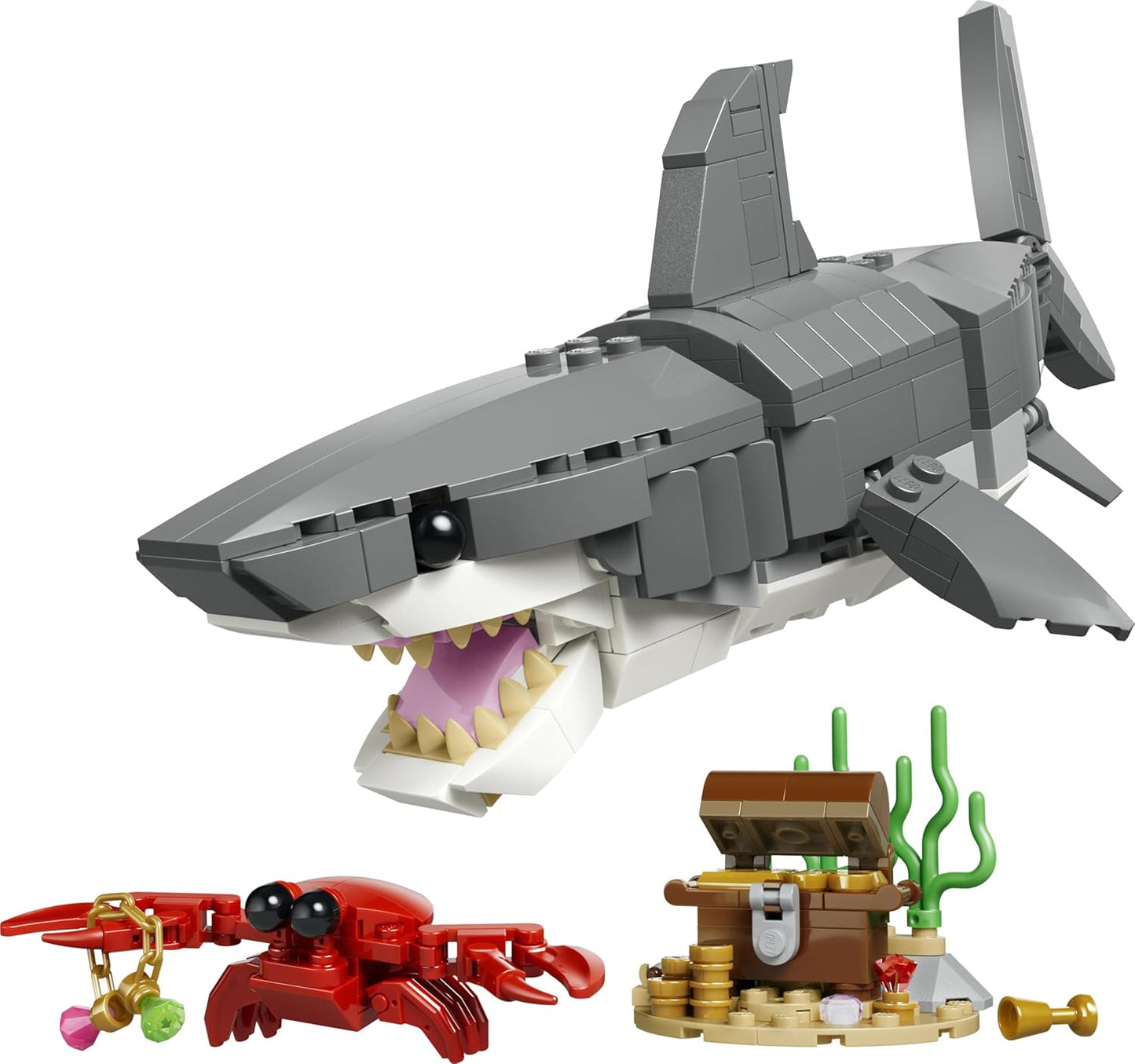 LEGO Creator 3 em 1 Tubarão Feroz com Baú do Tesouro - Figura de Animal Marinho que se Transforma em Peixe-diabo ou Arraia-manta - Ideia de Decoração para Quarto de Meninos e Meninas a partir de 8 Anos - 31381