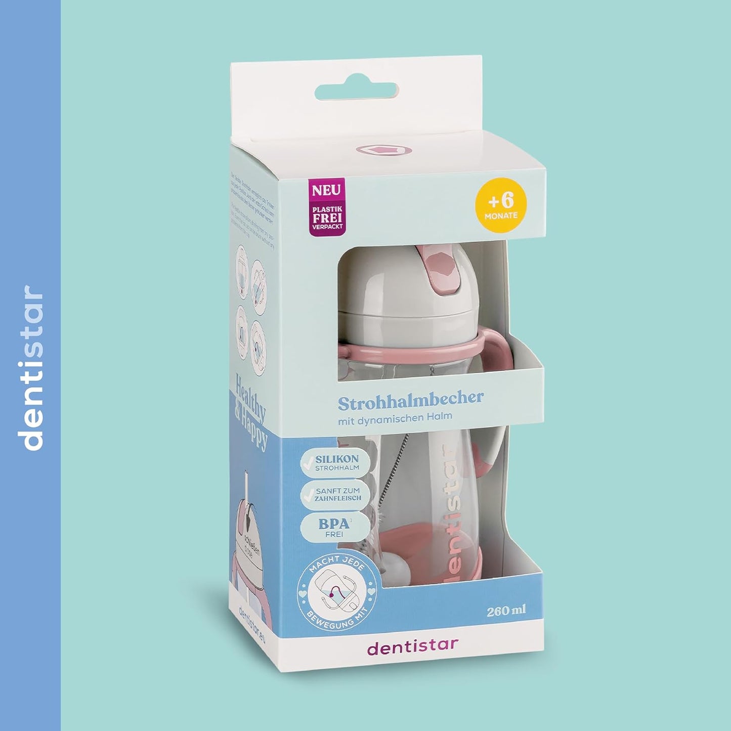 Dentistar Copo de canudo 260 ml, copo reutilizável à prova de vazamentos com canudo para maiores de 6 meses, copo para bebê com canudo pesado e escova de limpeza, materiais sem BPA - rosa