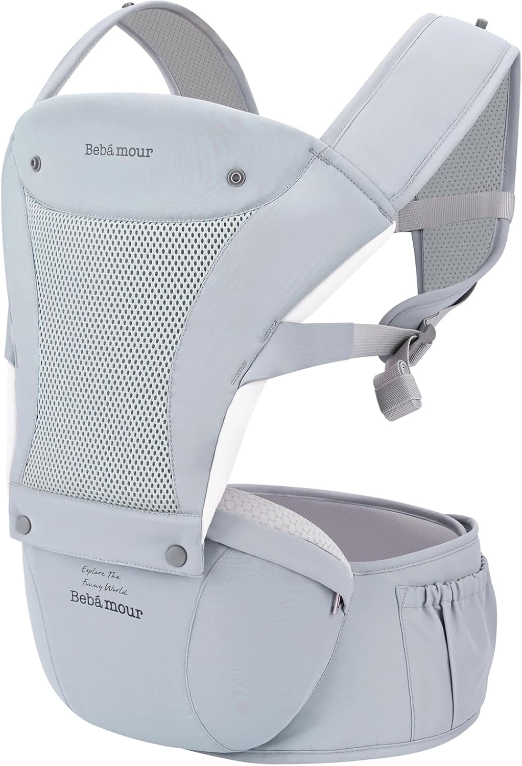 Bebear Canguru para Bebê, do Recém-Nascido à Criança, Bebamour Canguru com Assento de Quadril, Capuz para a Cabeça, 3 Protetores de Mordedor, Extensor de Cintura, Algodão, Azul