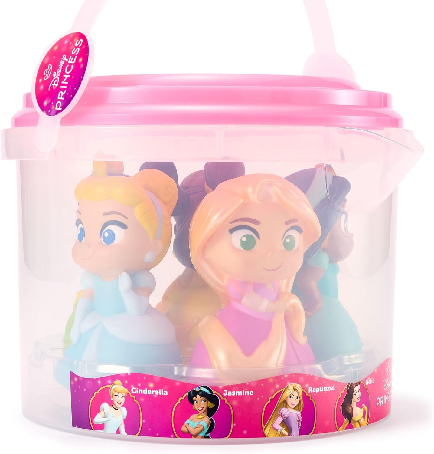 Disney Conjunto de brinquedos de banho oficiais das Princesas da Disney Store, 5 peças, inclui Bela, Cinderela, Jasmine, Rapunzel e Tiana, balde com tampa escorredora, brinquedos para banho ou piscina infantil, a partir de 6 meses